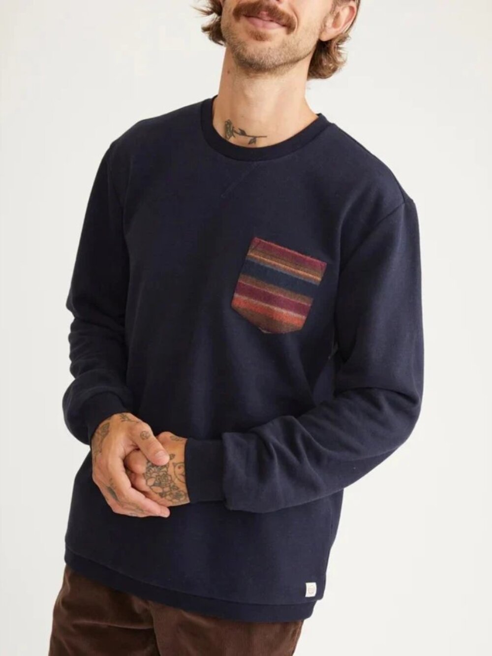 Marine Layer Navy Long Sleeve Signature Fleece Pocket Crewneck